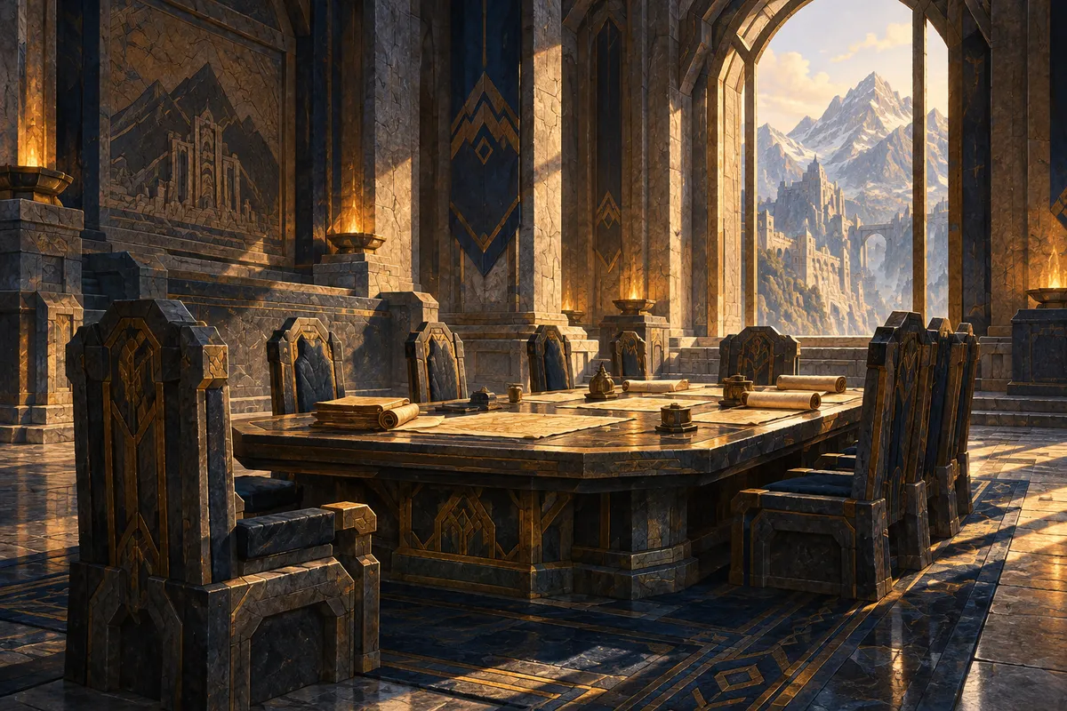 An empty stone council chamber prepared for a public sitting.