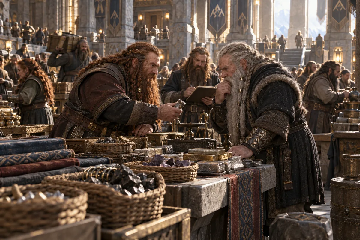 Vendors and buyers trade beneath the arches of a stone market hall.