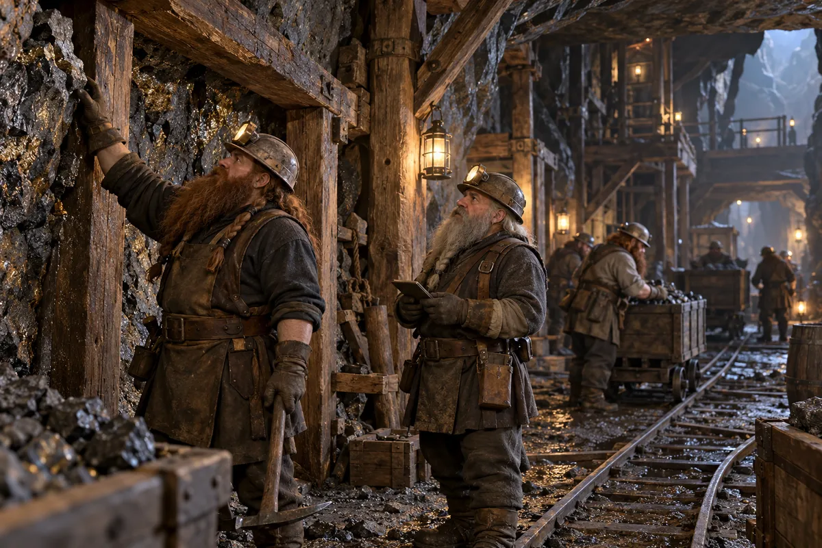 Miners inspect a timbered working face beside a mine rail.