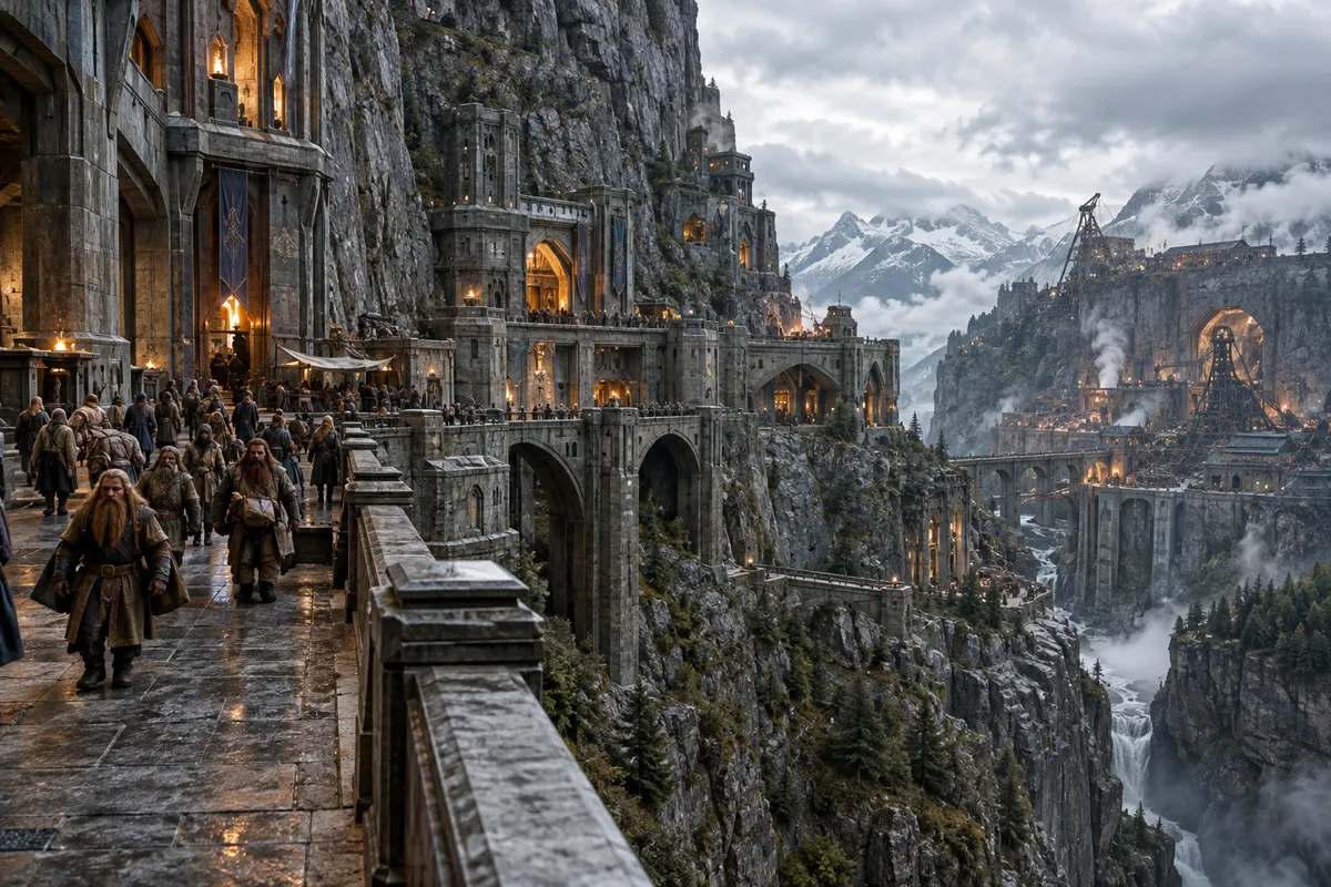 Stone bridges and lit halls climb the cliffside of Kharad Venn.